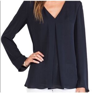 Theory Trent 100% Silk Black V-neck Front Pleat Blouse Top Size S